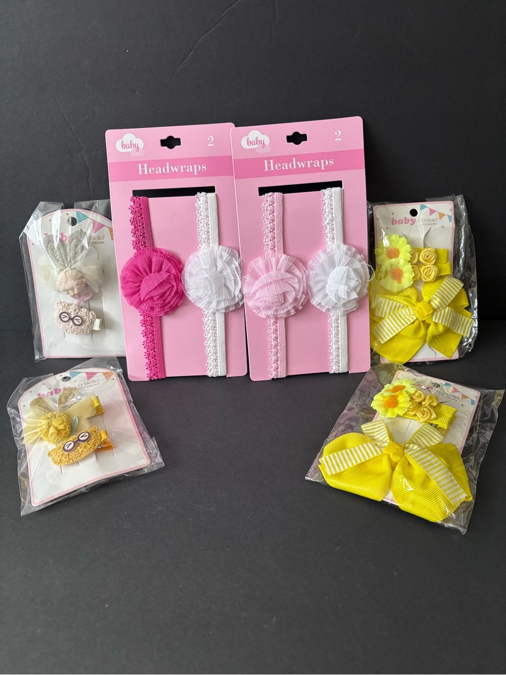 Baby Hair Accessories Set Head wraps & Clips Pink, White & Yellow